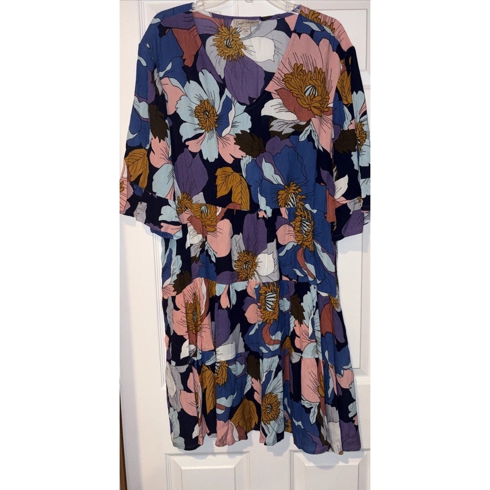 Charlie Paige‎ Womens XL Floral V-Neck Tunic Midi Dress 3/4 Sleeves Tiered Boho